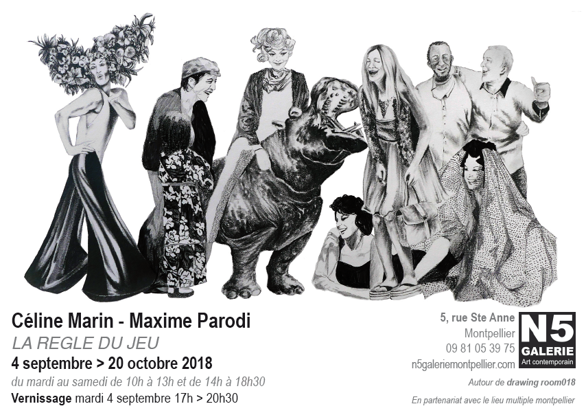 N5 galerie_carton exposition_Celine Marin_Maxime Parodi_dessin_la regle du jeu_Montpellier_septembre_2018