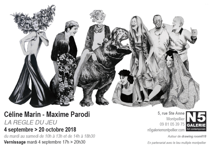 N5 galerie_carton exposition_Celine Marin_Maxime Parodi_dessin_la regle du jeu_Montpellier_septembre_2018